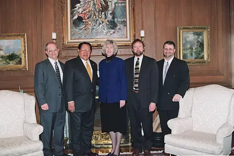 Interior Secretary Gale Norton and Deputy Secretary J. Steven Griles with Mississippi Choctaw chief Phillip Martin, tribal counsel C. Bryant Rogers and lobbyist Jack Abramoff at Main Interior