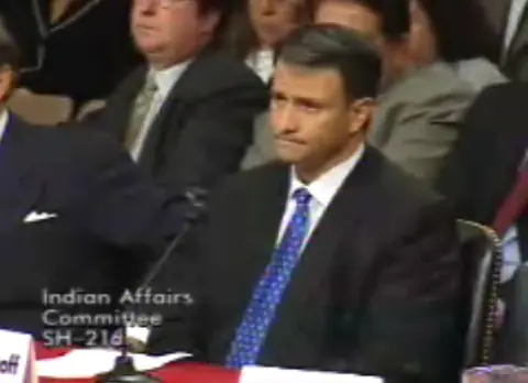 Abramoff at the witness table of the Senate Indian Affairs Committee hearing on lobbying practices involving Indian tribes, where he invoked the Fifth Amendment
