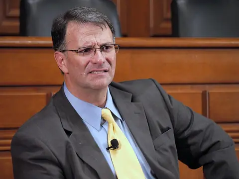 Abramoff on stage at 'In the Dock', a public conversation with Harvard's Lawrence Lessig about lobbying and corruption