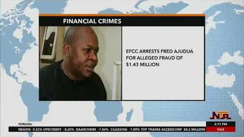 NTA news bulletin reporting the EFCC's arrest of Ajudua in Abuja after the Supreme Court revoked his bail