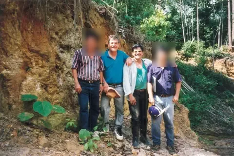 At the Busang property, 1996: metallurgist Jerry Alo, exploration vice-president John Felderhof, project manager Michael de Guzman and geologist Cesar Puspos (left to right)