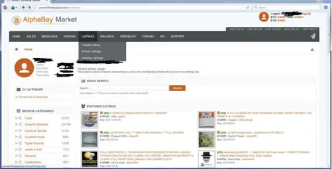 The AlphaBay Market home page as it looked two months before the takedown, with fentanyl, cocaine and carded-data listings on the front page
