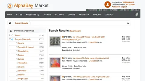 An AlphaBay search-results page offering 'high quality LSD' at US$18 to $52 a lot, priced in bitcoin