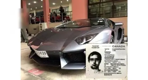 Cazes' seized Lamborghini Aventador at the Thai police Narcotics Suppression Bureau, with an inset of his Canadian passport