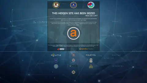 The seizure banner that replaced AlphaBay: 'This hidden site has been seized', dated 4 July 2017, with the Hansa and AlphaBay logos