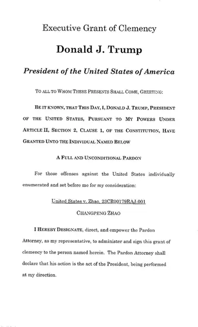 The pardon: "Executive Grant of Clemency ... A Full and Unconditional Pardon ... United States v. Zhao, 23CR00179RAJ-001, Changpeng Zhao", signed 21 October 2025