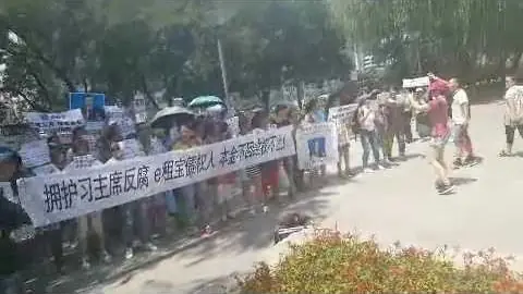 Ezubao investors carry a banner reading 'Support Chairman Xi's anti-corruption drive; Ezubao is killing people' at a petitioning protest in Beijing