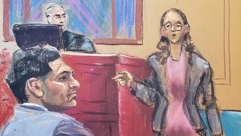 Courtroom sketch: Caroline Ellison points out Sam Bankman-Fried as she begins her testimony at his fraud trial