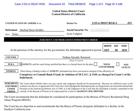 Page one of the judgment against his fellow carrier Rashad Deon Stolden: the same count, the same 66 months, a week earlier