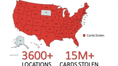 The Justice Department's map shown at the FIN7 announcement: 3,600-plus business locations hit, 15 million-plus cards stolen