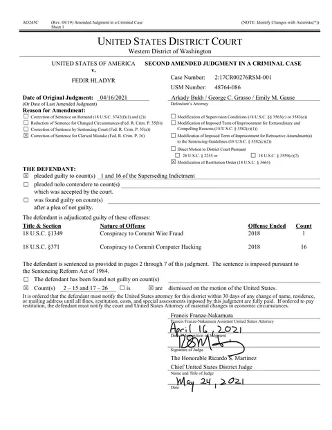 Page one of the amended judgment against Fedir Hladyr: guilty to counts 1 and 16 (wire-fraud and computer-hacking conspiracies), sentenced 16 April 2021