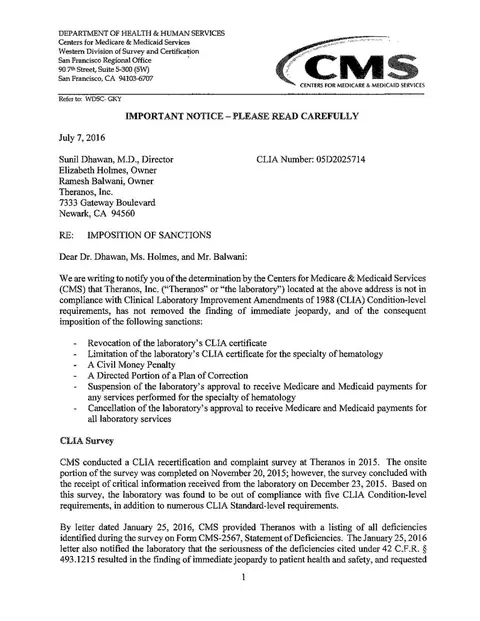 Page one of the CMS sanctions letter of 7 July 2016 revoking Theranos's laboratory certificate, addressed to Holmes and Balwani as owners