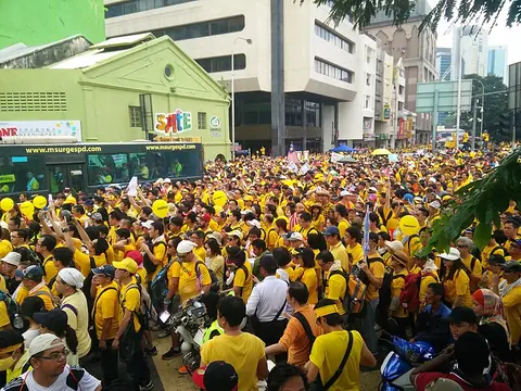 Bersih 4.0 protesters in yellow fill the street at Pasar Seni, Kuala Lumpur, on the first day of the rally against Najib Razak's government