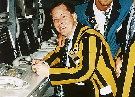Nick Leeson in his Barings trading jacket on the SIMEX floor in Singapore