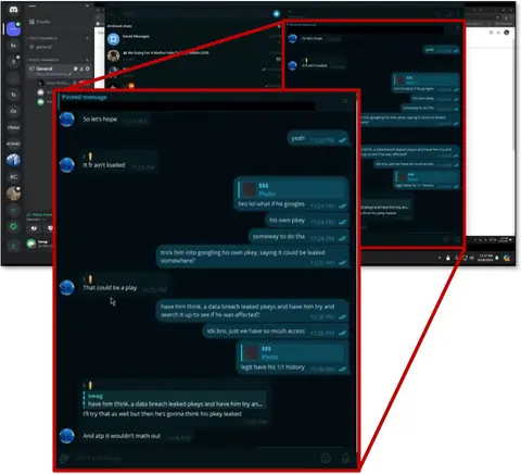 The conspirators' Telegram and Discord chat during the 18 August 2024 call, as reproduced in the government's detention memo: 'trick him into googling his own pkey, saying it could be leaked somewhere'