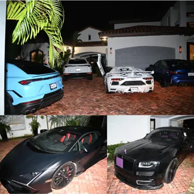 Exotic cars in the driveway of Lam's rented Miami home on the night of his arrest: a baby-blue Lamborghini Urus, a white Aventador with its door up, a black Huracán and a black Rolls-Royce