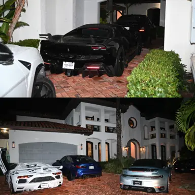 More of the fleet at the Miami house: a black Ferrari SF90 beside a white Lamborghini, and the driveway with a blue BMW, silver Porsche and the Aventador