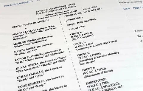 The first page of the sealed RICO superseding indictment: Malone Lam 'also known as King Greavys, 7, $$$, Kg and Anne Hathaway', followed by Ferro, Doost, Flansburg, Mehta, Yarally and Demirtas