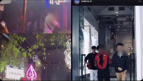 How he was found: nightclub bottle-service signs reading '@MALONE' posted by friends, and Lam (left, in sunglasses) leaving a luxury-goods store, from ZachXBT's thread