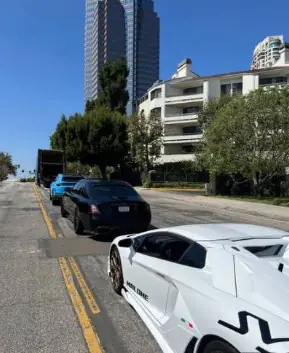 'Malone Lam Automobile Collection': a white Lamborghini and other cars lined up on a Los Angeles street, as captioned in the government's detention memo