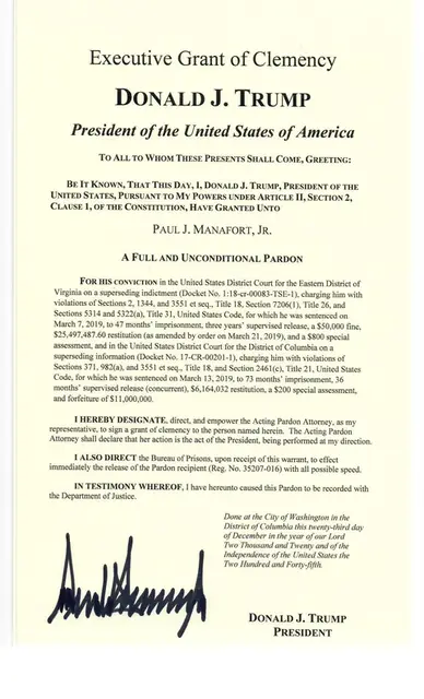 The Executive Grant of Clemency: President Trump's full and unconditional pardon of Manafort, 23 December 2020
