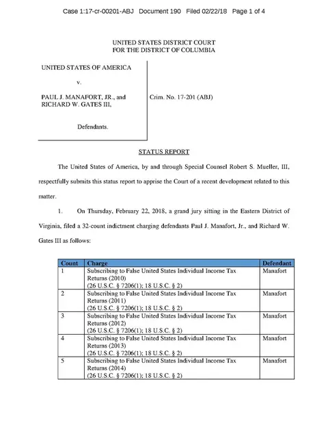 Special Counsel's status report to Judge Jackson, 22 February 2018, listing the 32-count Virginia indictment against Manafort and Gates