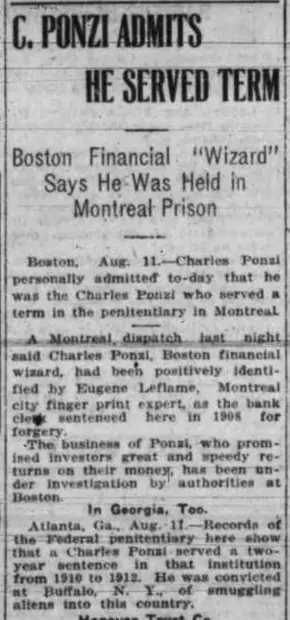 'C. Ponzi Admits He Served Term': the Montreal prison record reaches the front pages