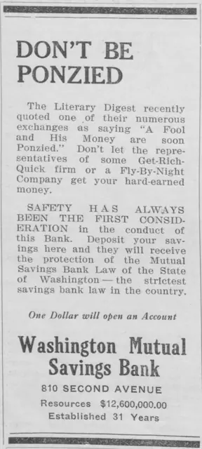 'Don't Be Ponzied': a Seattle savings bank advertisement two months after the collapse