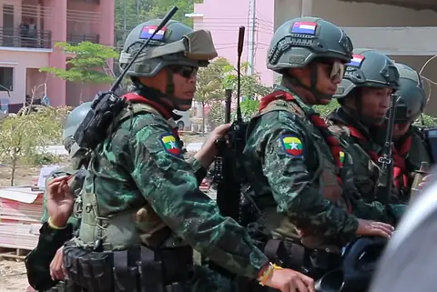 Karen Border Guard Force / KNA soldiers on a truck in Myawaddy during the February 2025 crackdown