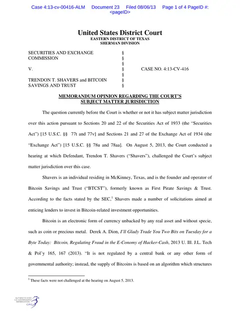 Page one of Judge Mazzant's memorandum opinion: the ruling that bitcoin is money